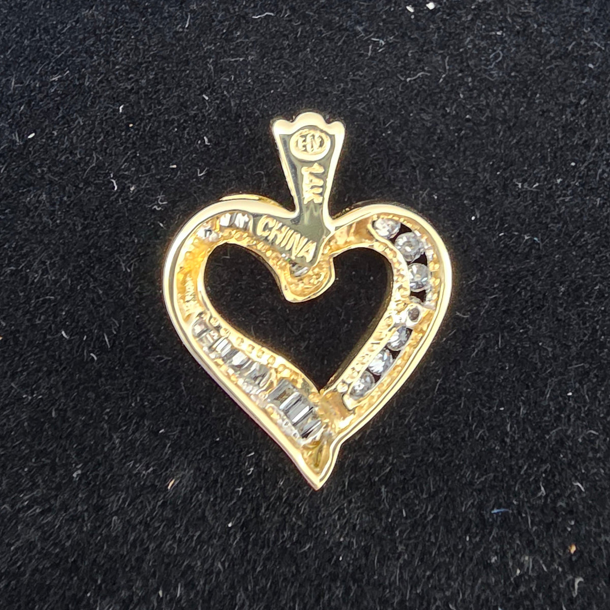 Yellow Gold Baguette and Round Diamond Heart Pendant