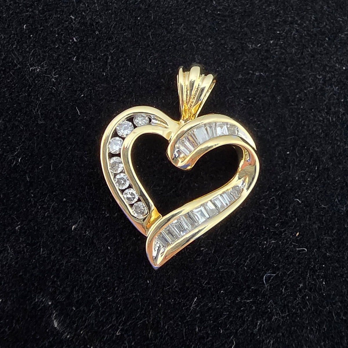 Yellow Gold Baguette and Round Diamond Heart Pendant